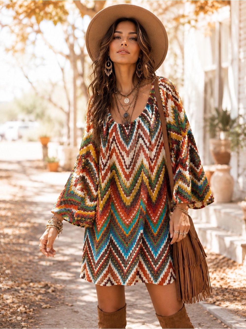 Boho Chevron Bell Sleeve Tunic Dress XL Colorful Fall Southwestern Festival